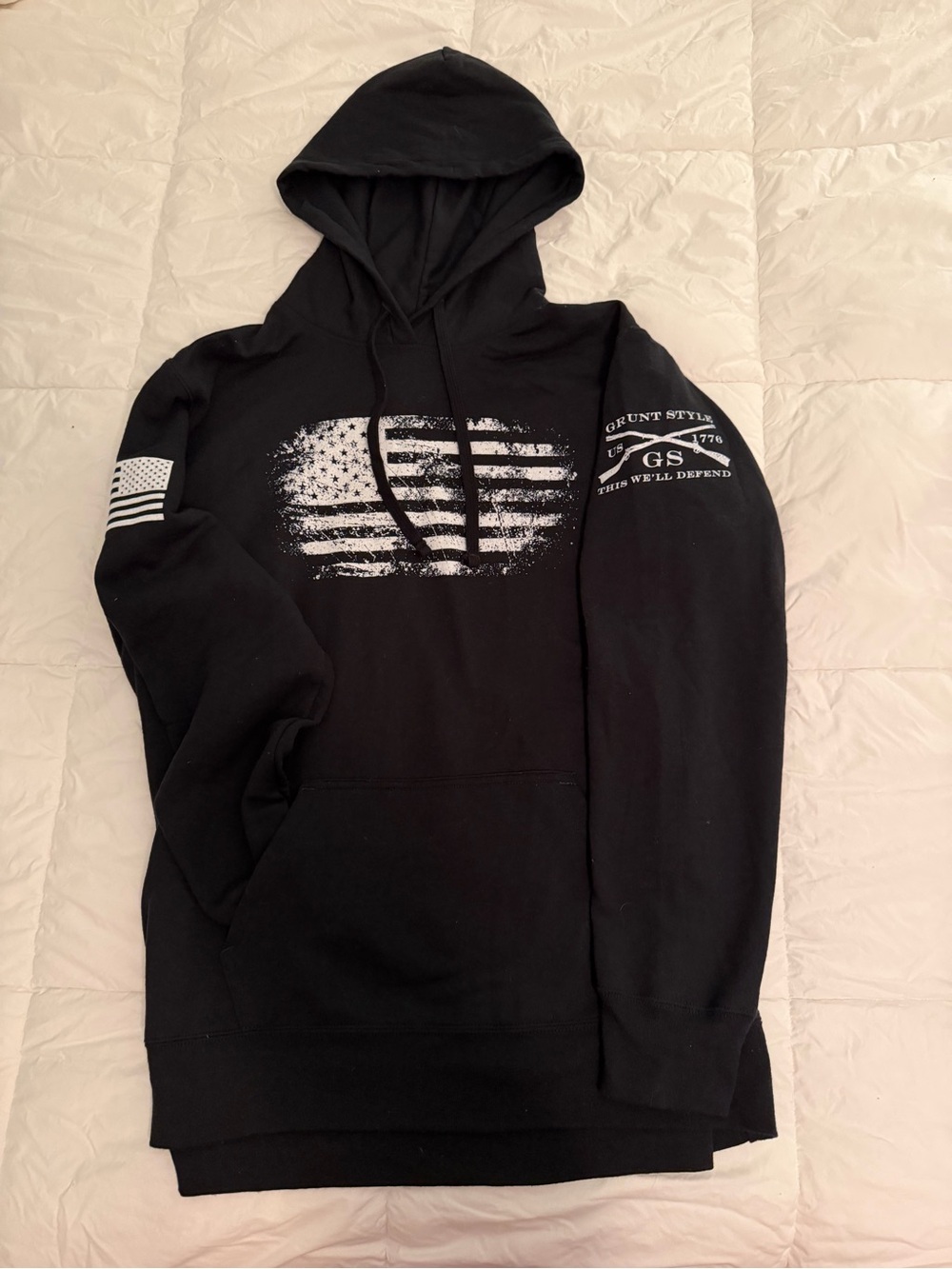 Grunt Style Black Hoodie with Distressed White Flag Graphic
